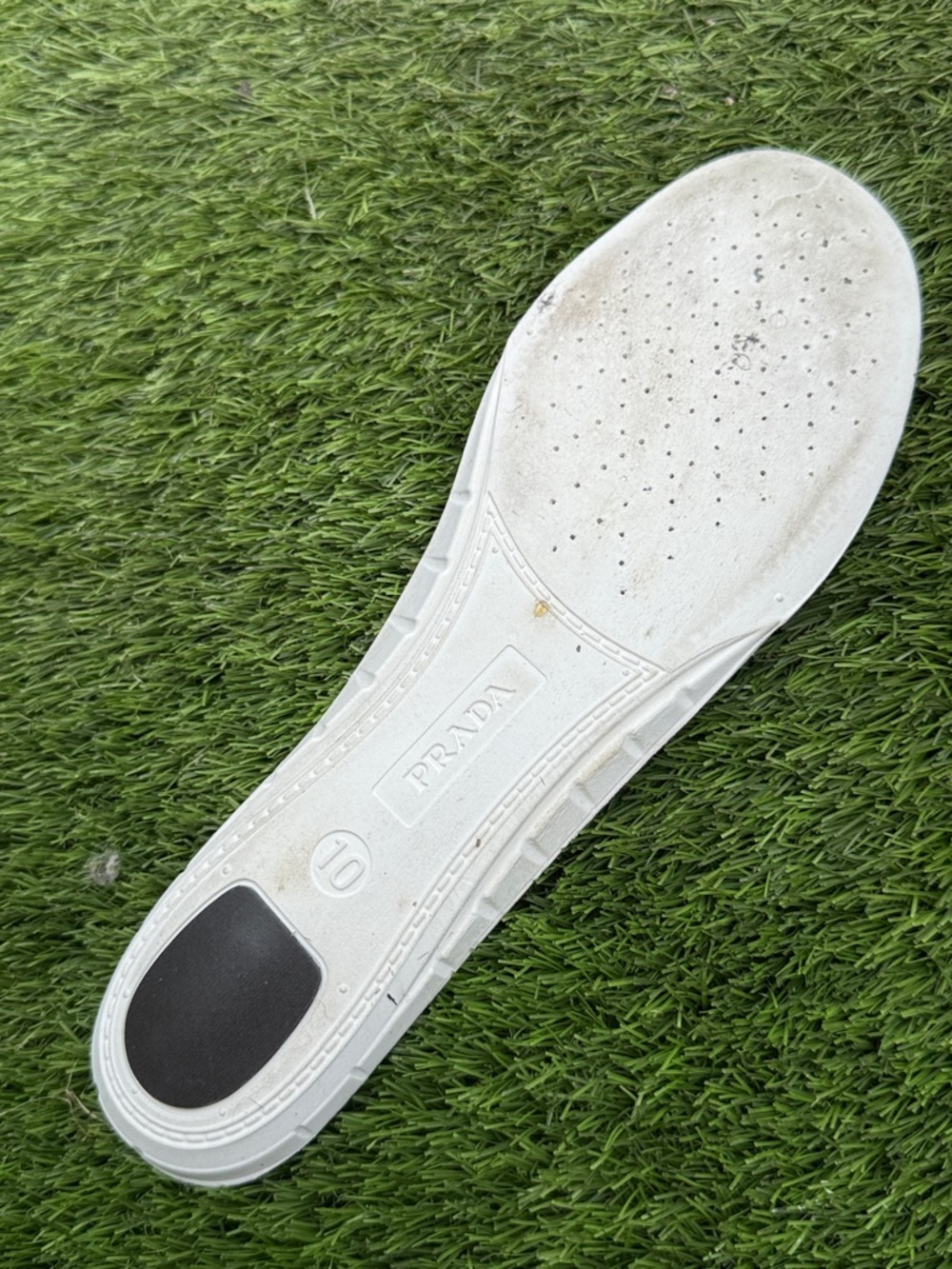 Prada Navy, Gray and Cream Men’s Leather Mesh Sneakers with Red Logo Stripe - Picture 8 of 8
